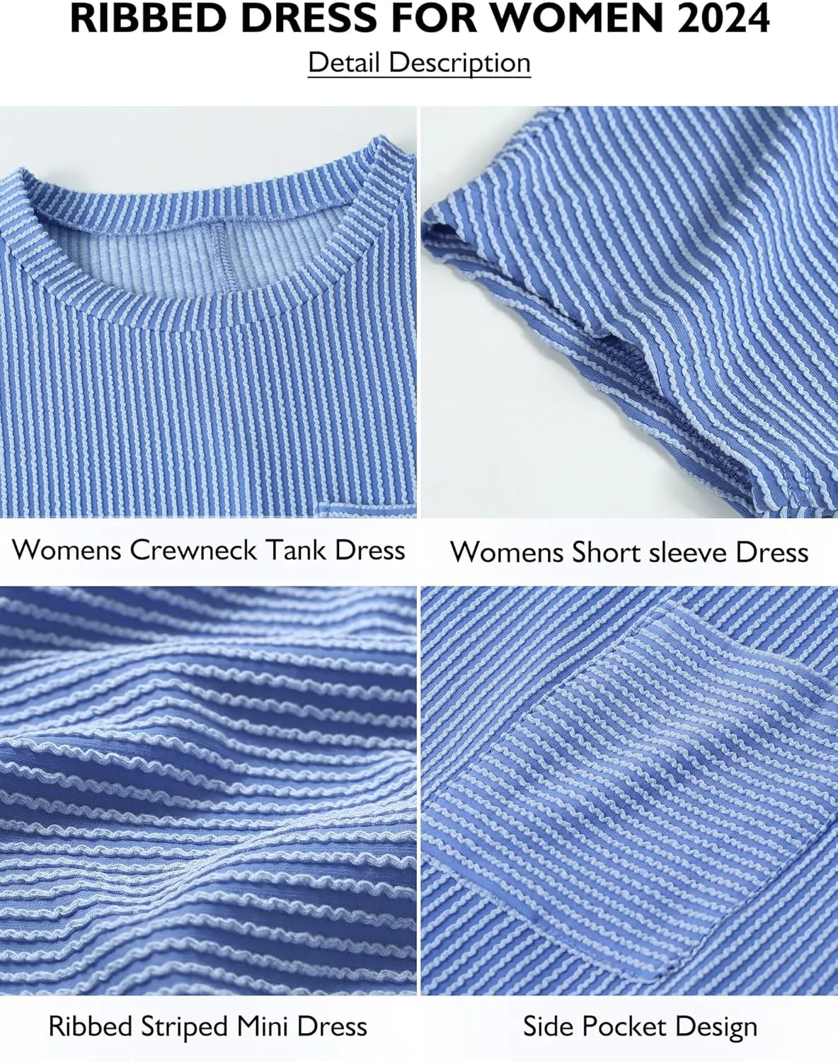 Buauty Womens Casual Summer Dress Crewneck Short Sleeve Striped Ribbed Loose T Shirt Beach Vacation Dresses Outfits 2024