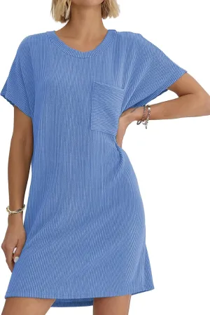 Buauty Womens Casual Summer Dress Crewneck Short Sleeve Striped Ribbed Loose T Shirt Beach Vacation Dresses Outfits 2024