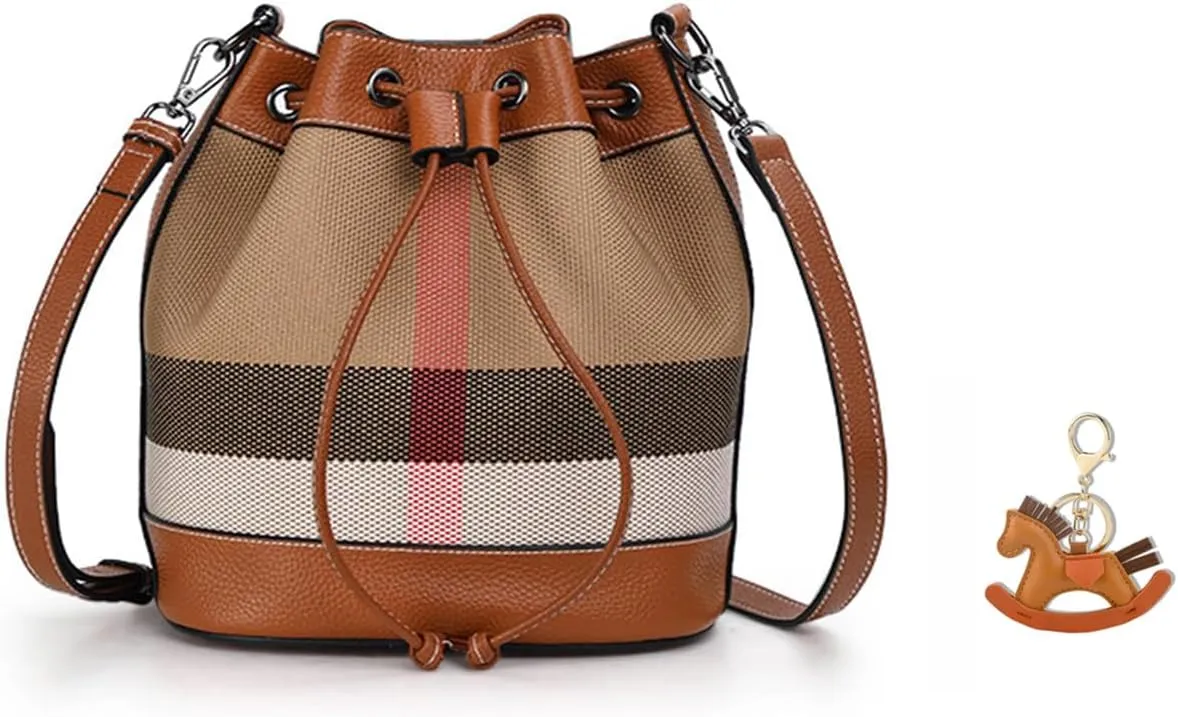 Bucket Tote Bag for Women, Small Leather and Canvas Crossbody Bag, Ladies Tote Bag with Shoulder Strap