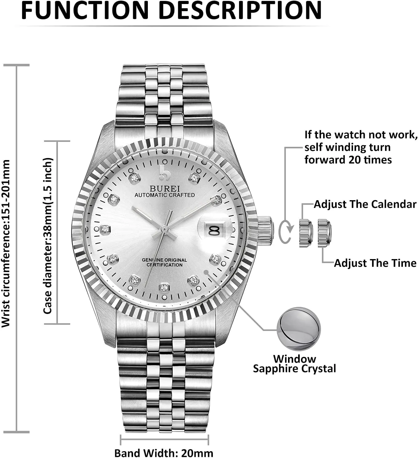 BUREI Men's Automatic Watches Luxury Stainless Steels Waterproof Watches for Men Gifts for Men