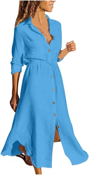 Button Down Dress for Women 2025 Casual V-Neck Linen Shirt Dress Plus Size Maxi Dress Short Sleeve Outfits