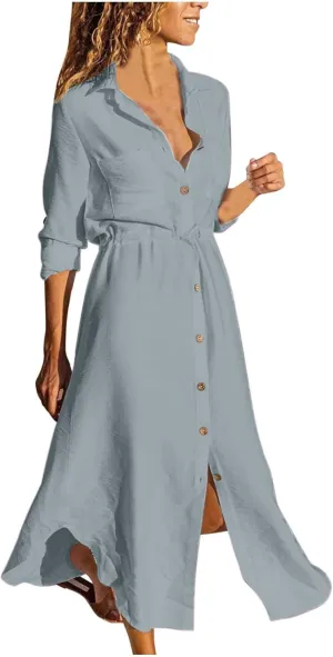 Button Down Dress for Women 2025 Casual V-Neck Linen Shirt Dress Plus Size Maxi Dress Short Sleeve Outfits