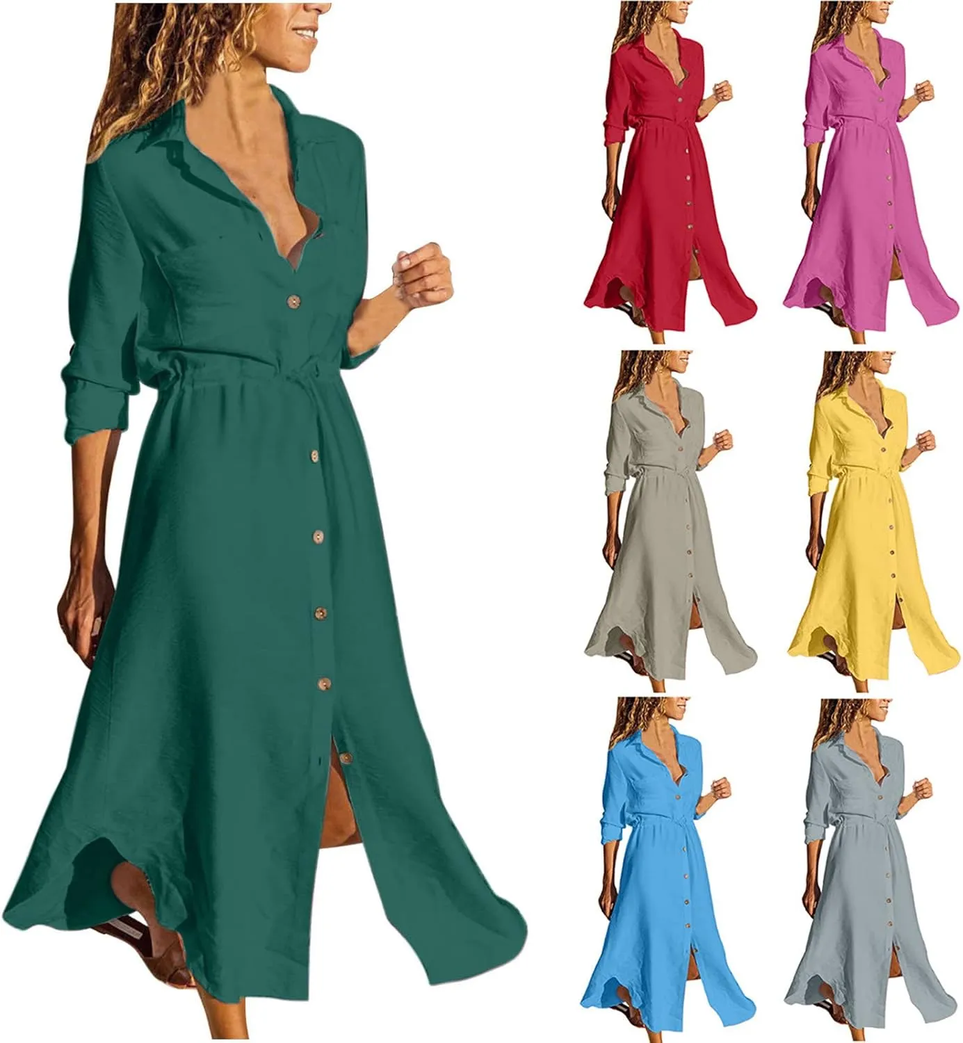 Button Down Dress for Women 2025 Casual V-Neck Linen Shirt Dress Plus Size Maxi Dress Short Sleeve Outfits