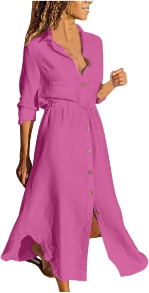 Button Down Dress for Women 2025 Casual V-Neck Linen Shirt Dress Plus Size Maxi Dress Short Sleeve Outfits