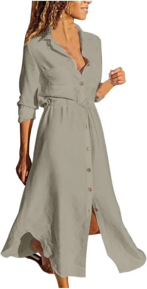 Button Down Dress for Women 2025 Casual V-Neck Linen Shirt Dress Plus Size Maxi Dress Short Sleeve Outfits