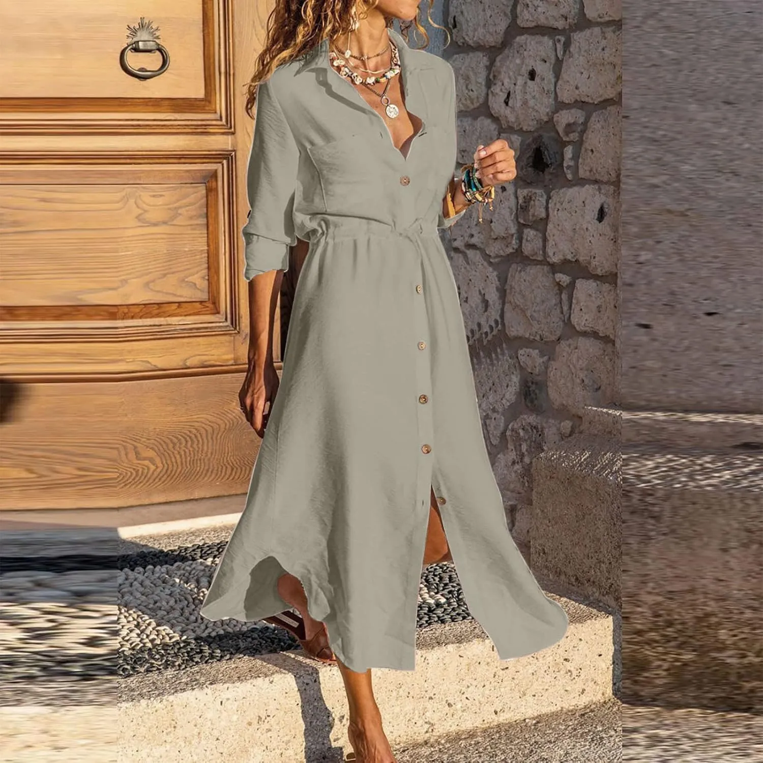 Button Down Dress for Women 2025 Casual V-Neck Linen Shirt Dress Plus Size Maxi Dress Short Sleeve Outfits