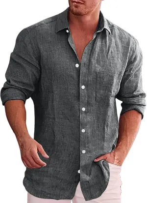 Button Down Linen Shirts for Men Casual Long Sleeve Regular Fit Cotton Beach Tops with Pocket Summer Vacation T-Shirt