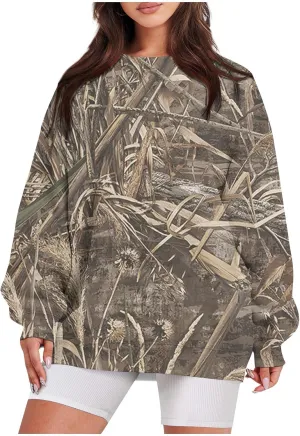 Camo Sweatshirt for Women Maple-Leaf Print Camo Crewneck Sweatshirts Long Sleeve Oversized Sweater Pullover Casual Tops
