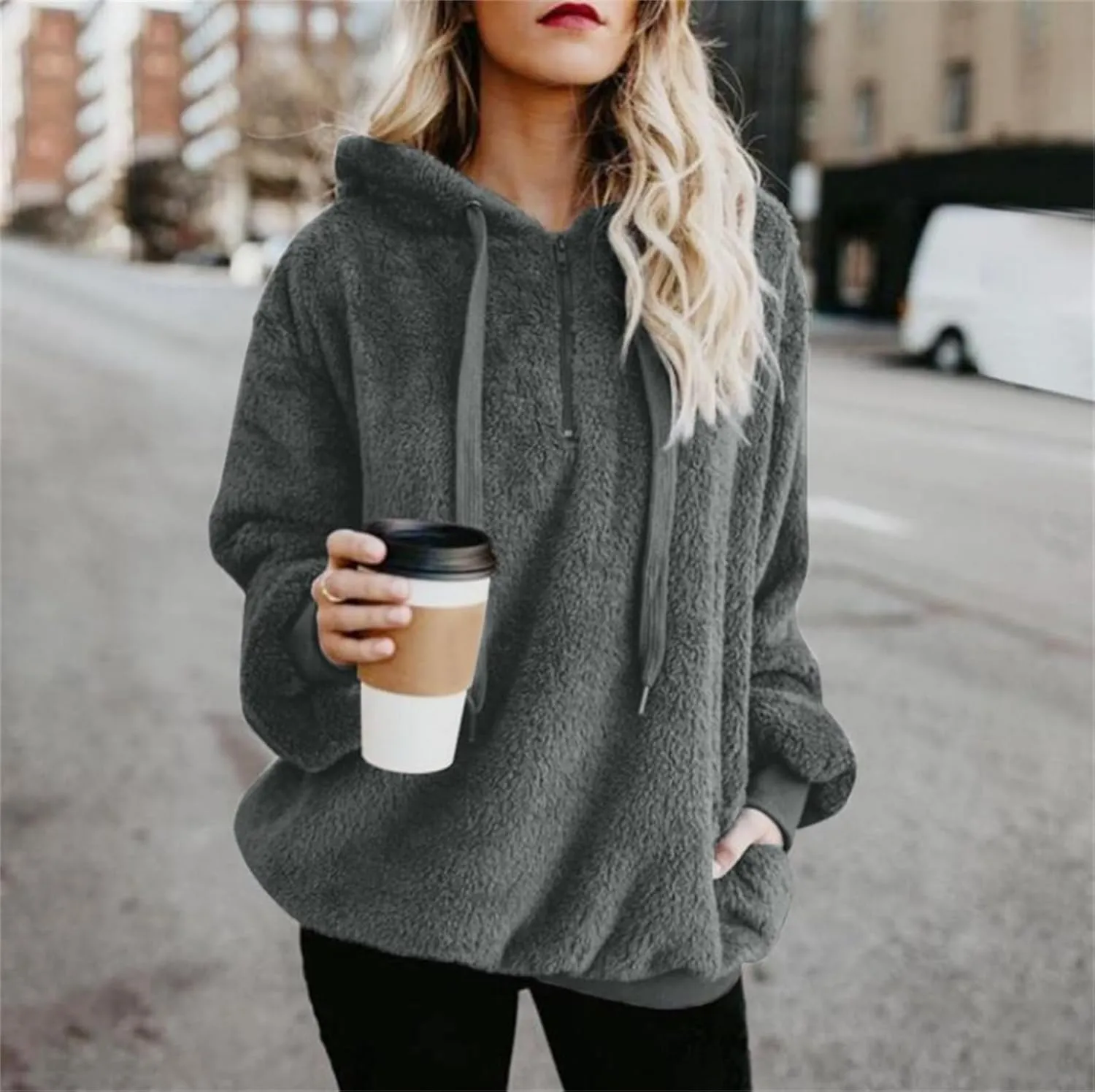 Canbebig Womens Fuzzy Fleece Hoodies 2023 Fashion Warm Oversized Quarter Zip Hooded Sweatshirt Sherpa Outerwear with Pockets