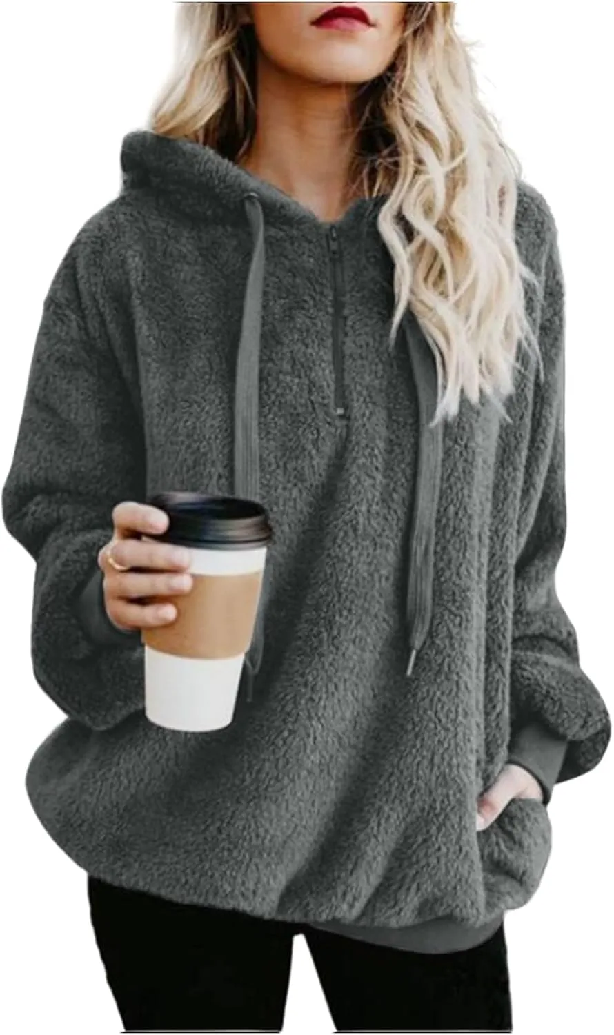 Canbebig Womens Fuzzy Fleece Hoodies 2023 Fashion Warm Oversized Quarter Zip Hooded Sweatshirt Sherpa Outerwear with Pockets