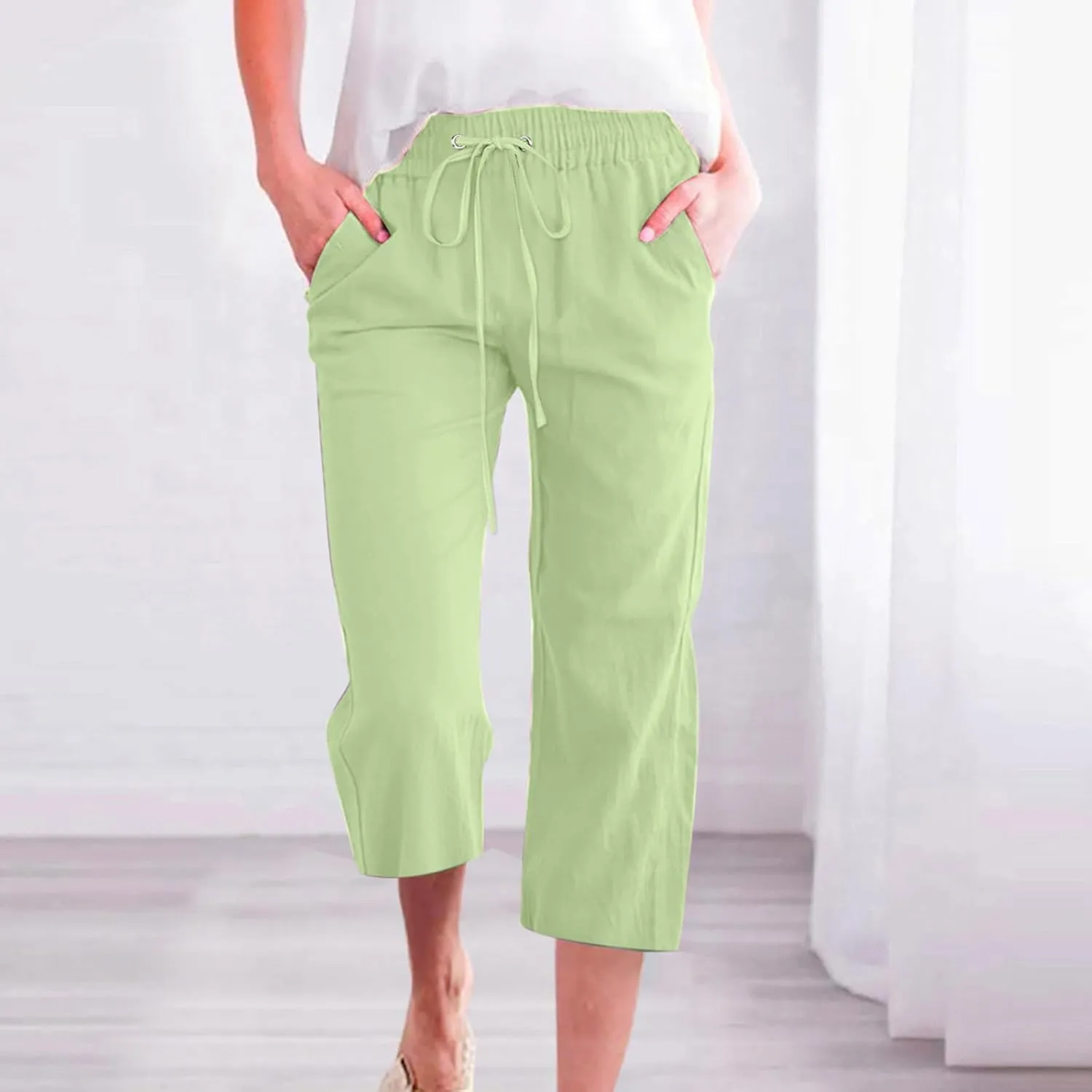 Capri Pants for Women Casual Cotton Linen Pants Plus Size Summer Pants Wide Leg Palazzo Pants Drawstring Linen Pants