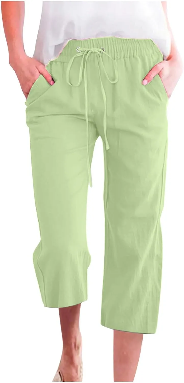 Capri Pants for Women Casual Cotton Linen Pants Plus Size Summer Pants Wide Leg Palazzo Pants Drawstring Linen Pants
