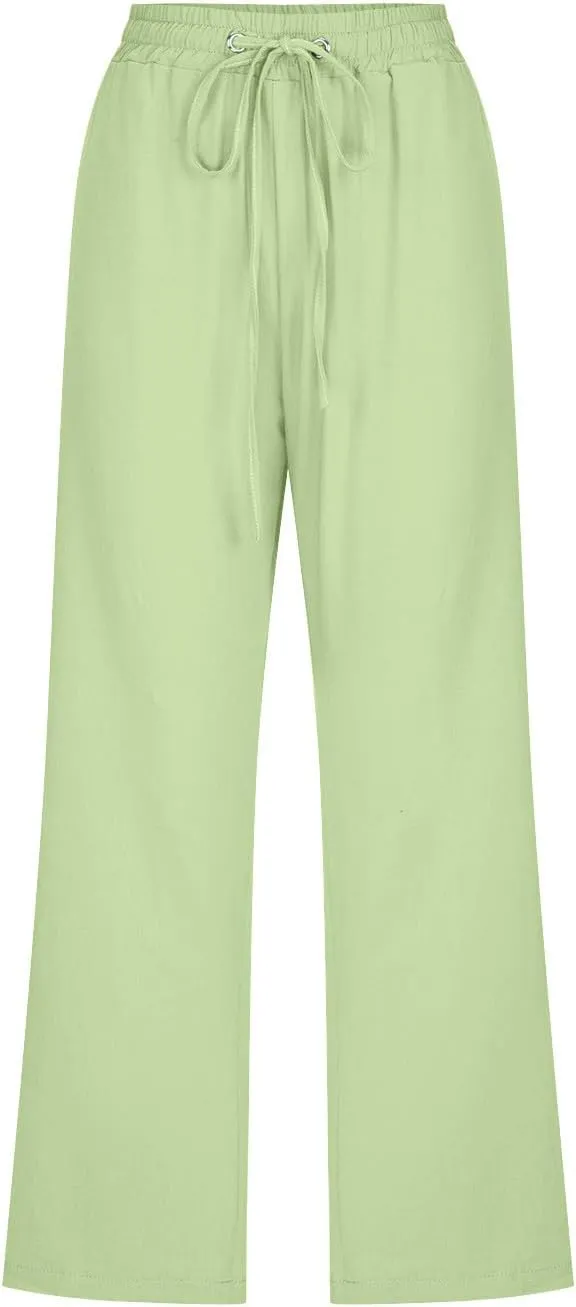 Capri Pants for Women Casual Cotton Linen Pants Plus Size Summer Pants Wide Leg Palazzo Pants Drawstring Linen Pants