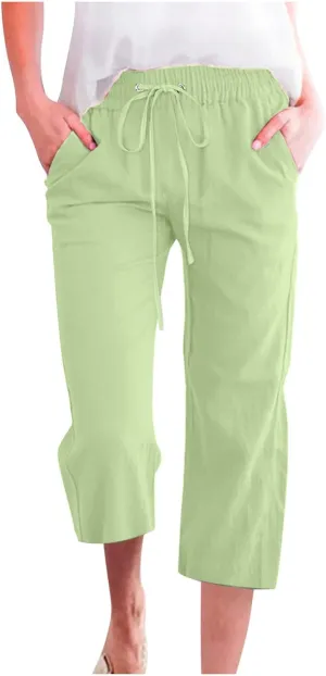 Capri Pants for Women Casual Cotton Linen Pants Plus Size Summer Pants Wide Leg Palazzo Pants Drawstring Linen Pants