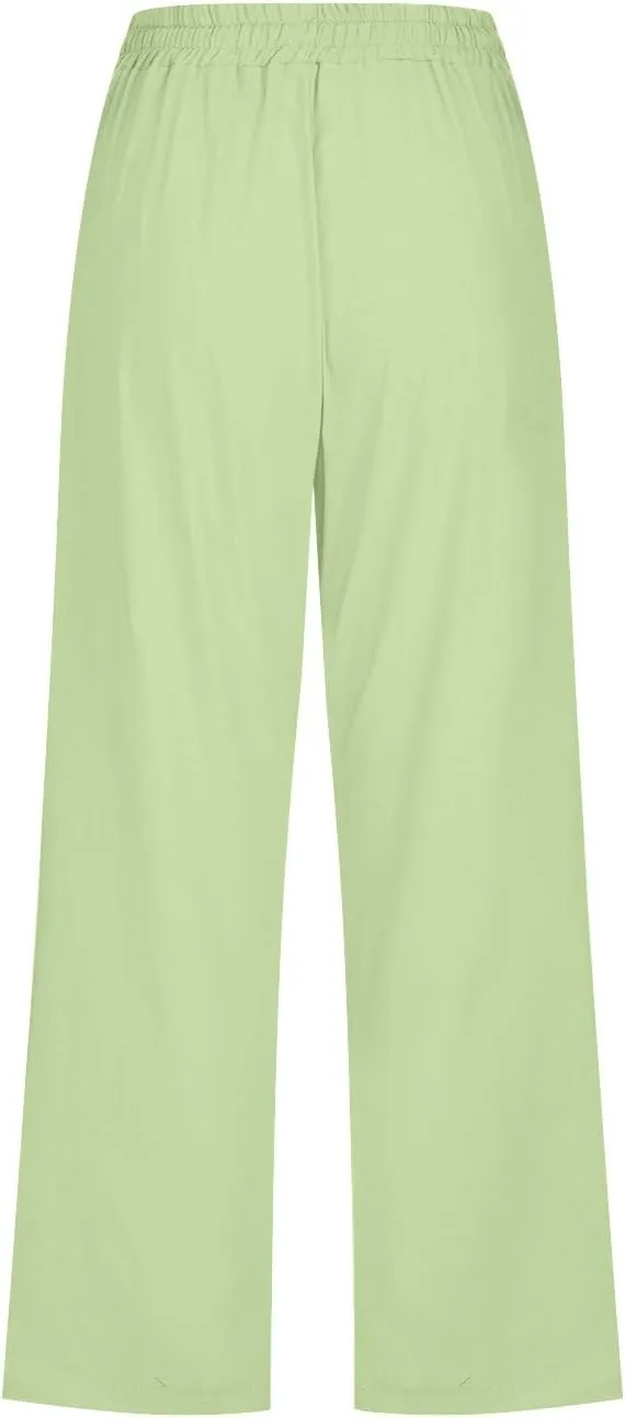 Capri Pants for Women Casual Cotton Linen Pants Plus Size Summer Pants Wide Leg Palazzo Pants Drawstring Linen Pants