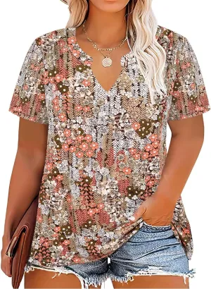 CARCOS Plus Size Tops for Women Summer Short Sleeve V Neck T Shirts Pleated Casual Business Tunic Blouses XL-5XL