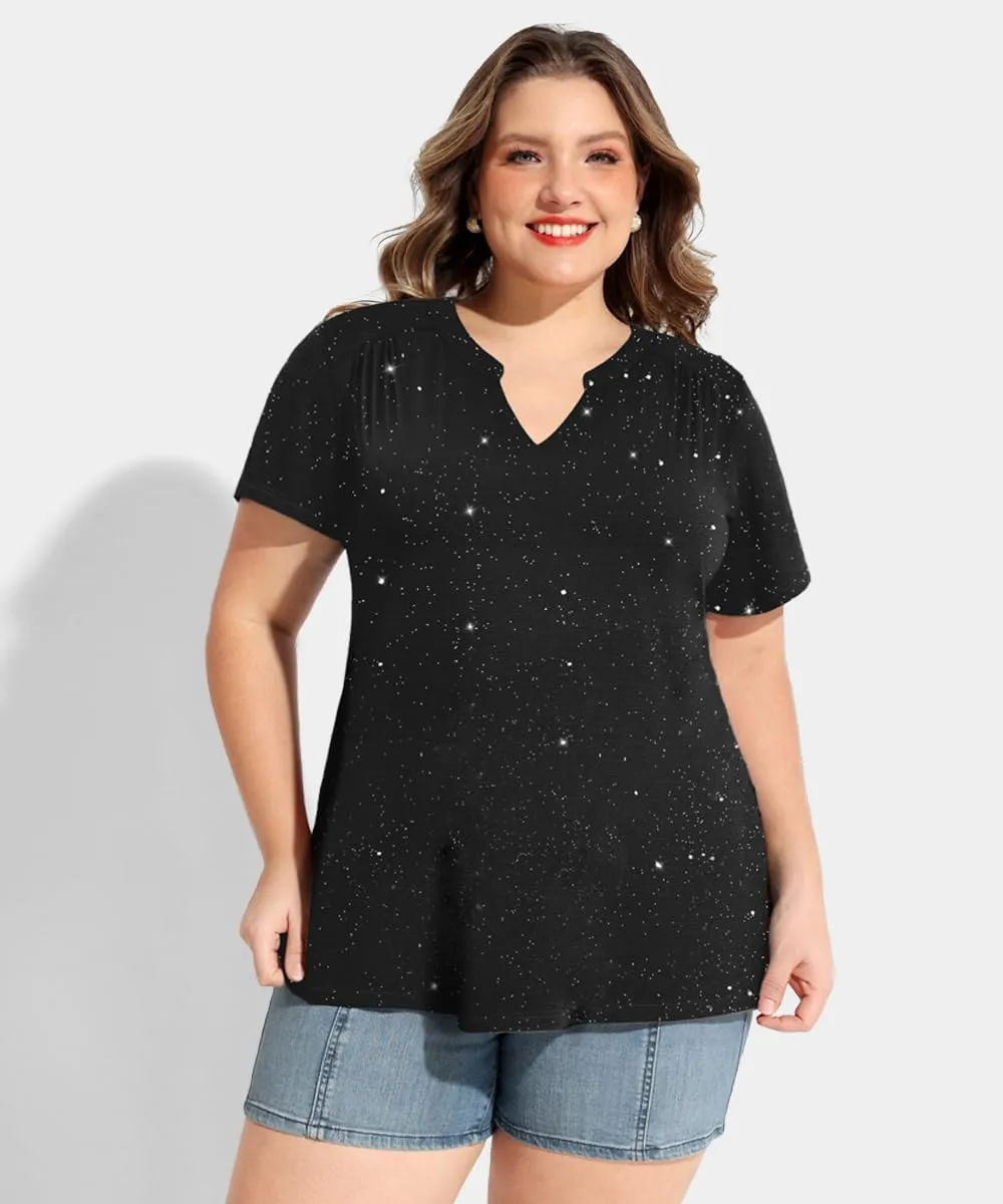 CARCOS Plus Size Tops for Women Summer Short Sleeve V Neck T Shirts Pleated Casual Business Tunic Blouses XL-5XL