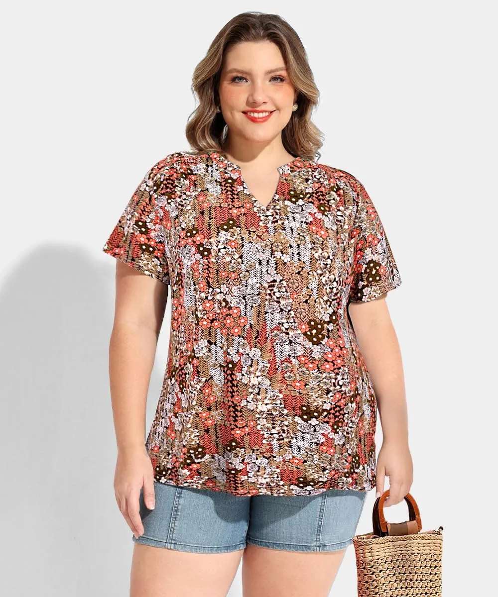 CARCOS Plus Size Tops for Women Summer Short Sleeve V Neck T Shirts Pleated Casual Business Tunic Blouses XL-5XL
