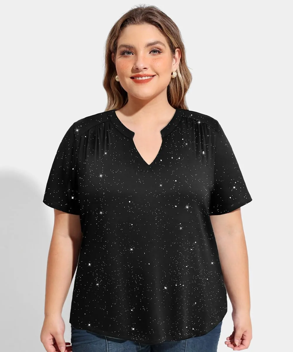 CARCOS Plus Size Tops for Women Summer Short Sleeve V Neck T Shirts Pleated Casual Business Tunic Blouses XL-5XL