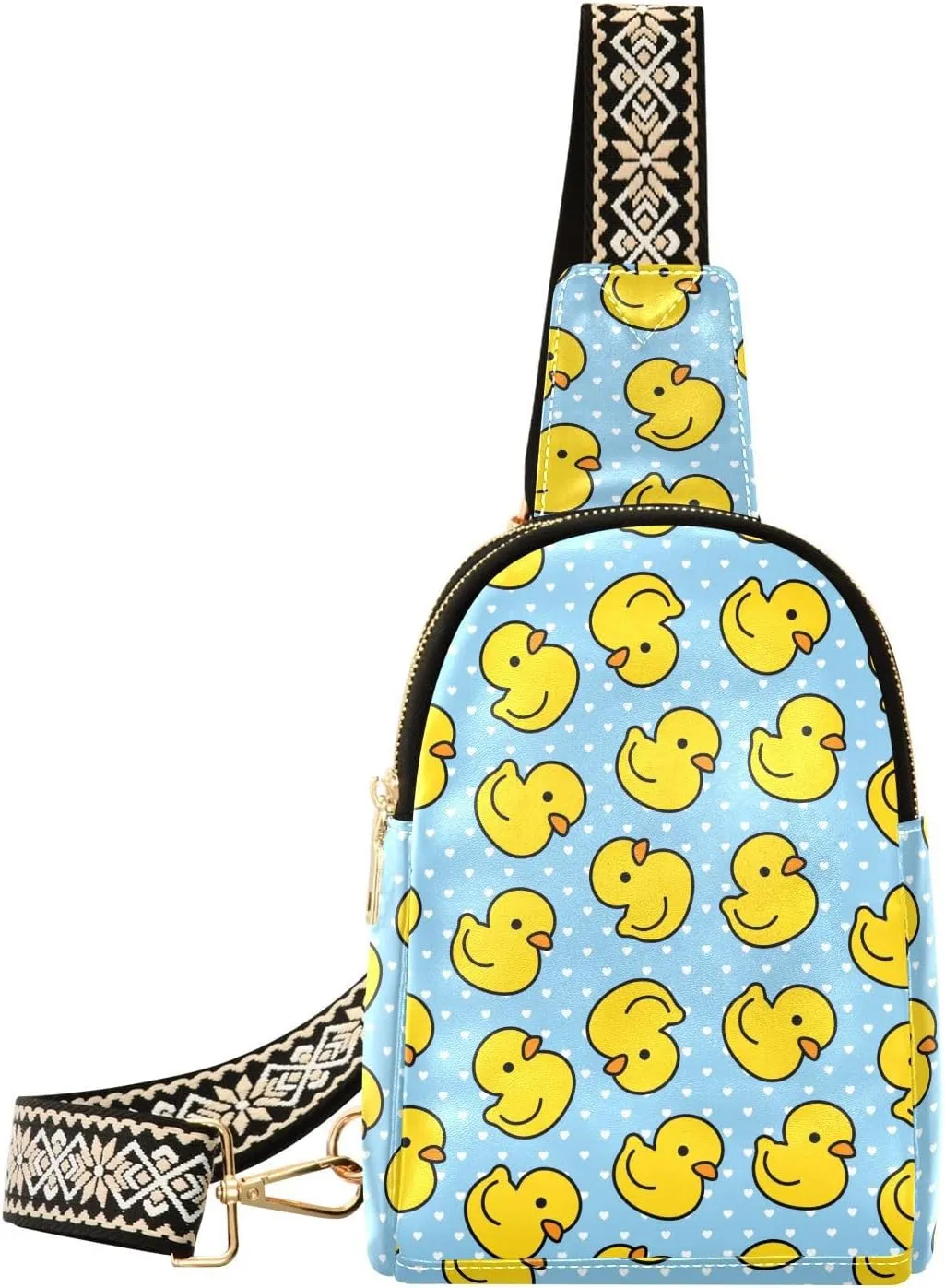 Cartoon Cute Duck Fanny Pack Crossbody PC Leather Small Sling Bag for Women Blue White Dot Fashion Waist Packs Chest Bag for Travel Sports Running Hiking