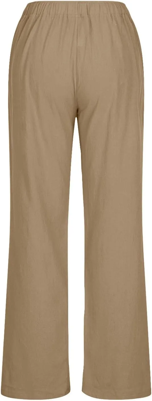 Casual Pants for Women 2025 Summer Cotton Linen Wide Leg Boho High Elastic Waist Lounge Long Trousers with Pockets