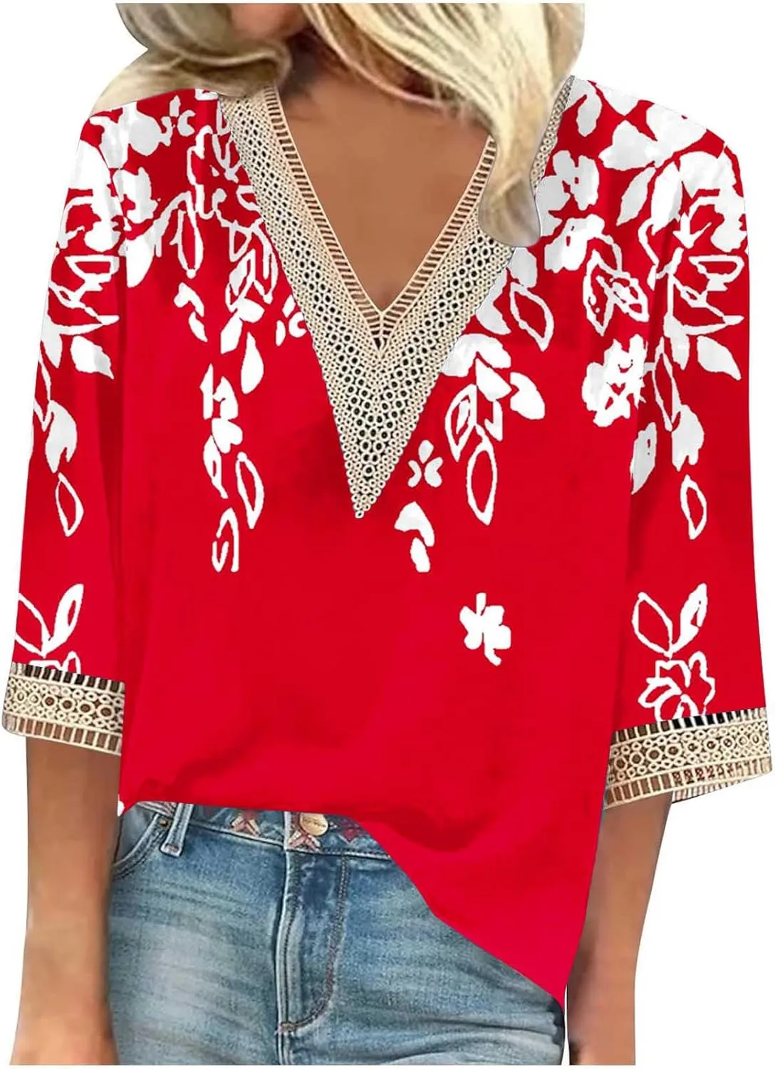 Ceboyel Women Boho Trendy Summer Tops 3/4 Length Sleeve Shirts Lace Trim V Neck Blouses Dressy Causal Bohemian Ladies Clothes