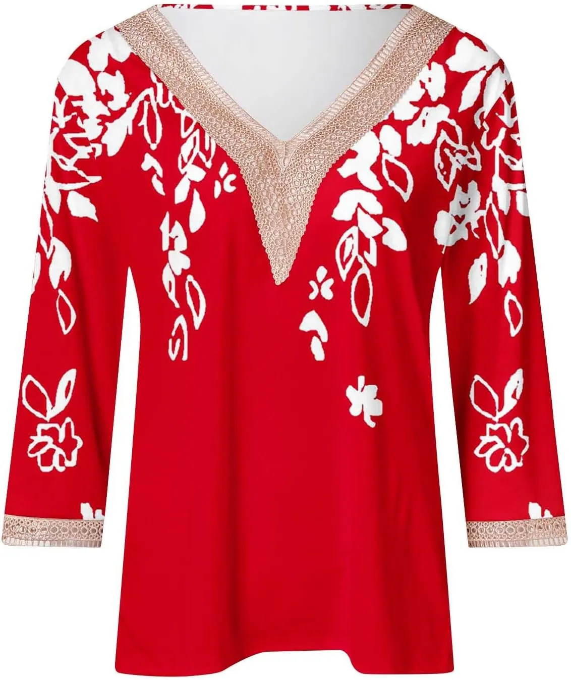Ceboyel Women Boho Trendy Summer Tops 3/4 Length Sleeve Shirts Lace Trim V Neck Blouses Dressy Causal Bohemian Ladies Clothes