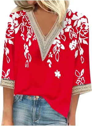 Ceboyel Women Boho Trendy Summer Tops 3/4 Length Sleeve Shirts Lace Trim V Neck Blouses Dressy Causal Bohemian Ladies Clothes