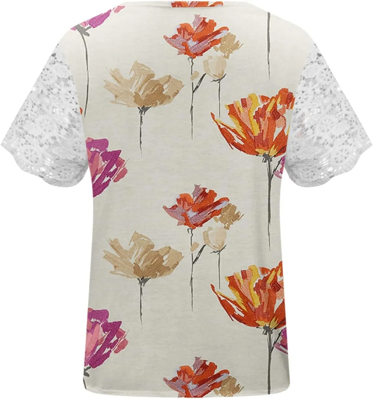Ceboyel Women Guipure Lace Trim Boho Tops Floral Print Casual T Shirts Short Sleeve V Neck Dressy Blouse Going Out Clothing