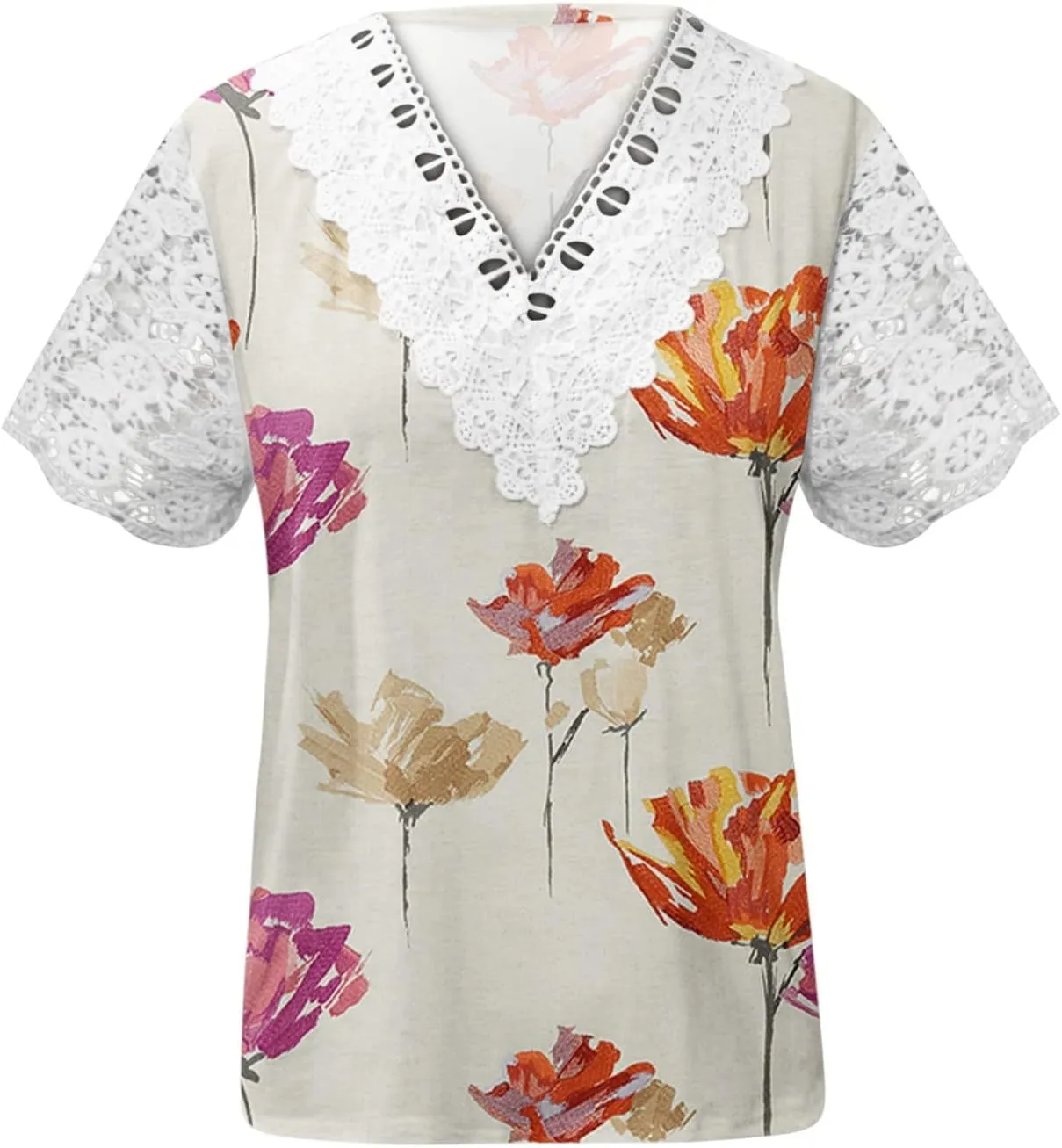 Ceboyel Women Guipure Lace Trim Boho Tops Floral Print Casual T Shirts Short Sleeve V Neck Dressy Blouse Going Out Clothing