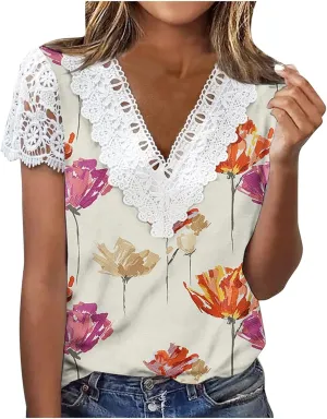Ceboyel Women Guipure Lace Trim Boho Tops Floral Print Casual T Shirts Short Sleeve V Neck Dressy Blouse Going Out Clothing