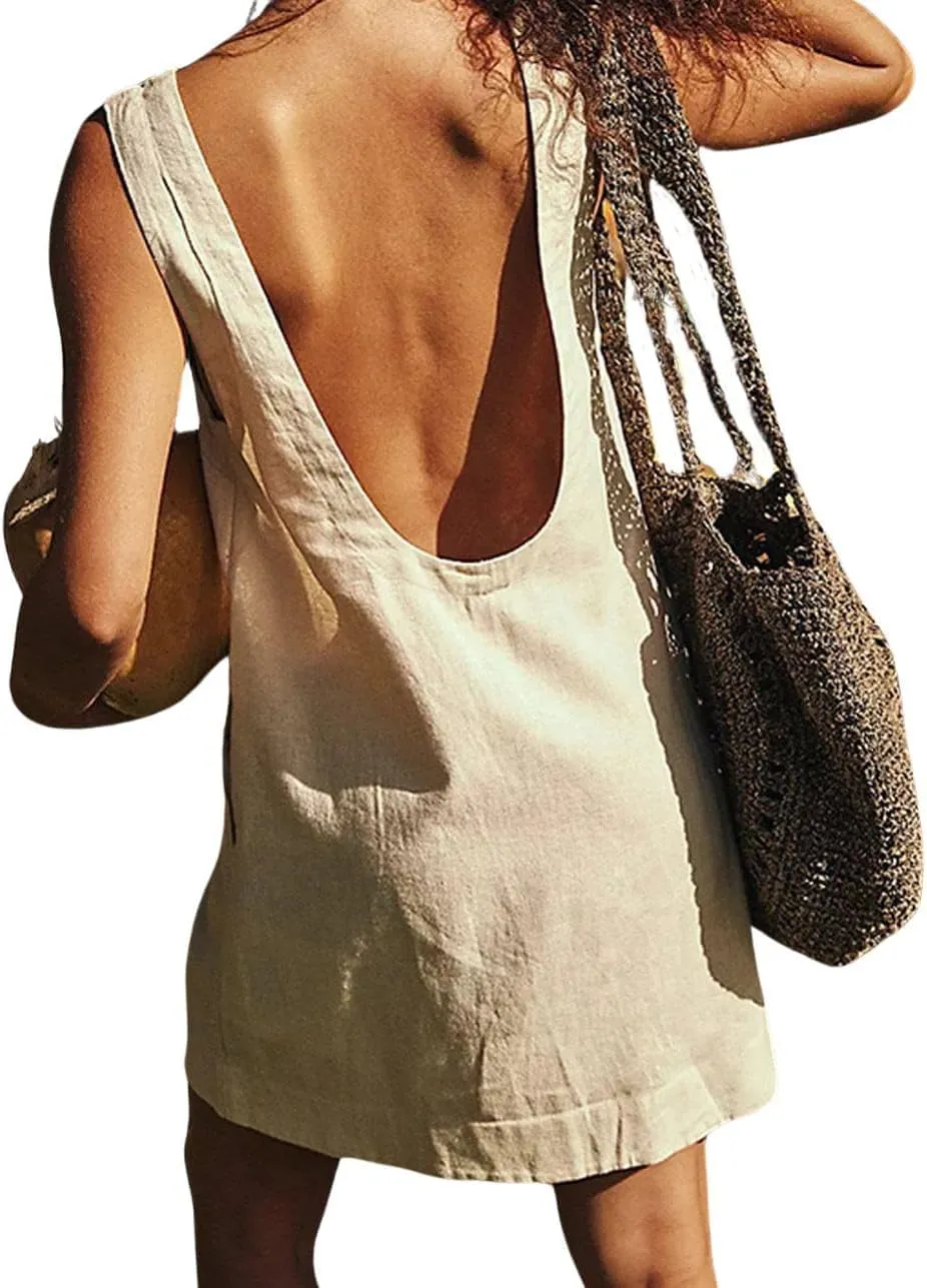 CHARTOU Women Comfy Linen Skirtall Backless U-Back Short Pinafore Overall Dress