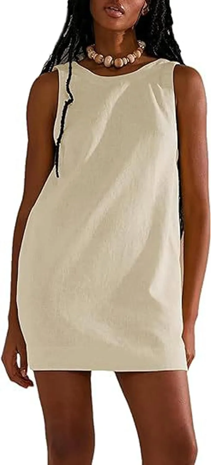 CHARTOU Women Comfy Linen Skirtall Backless U-Back Short Pinafore Overall Dress