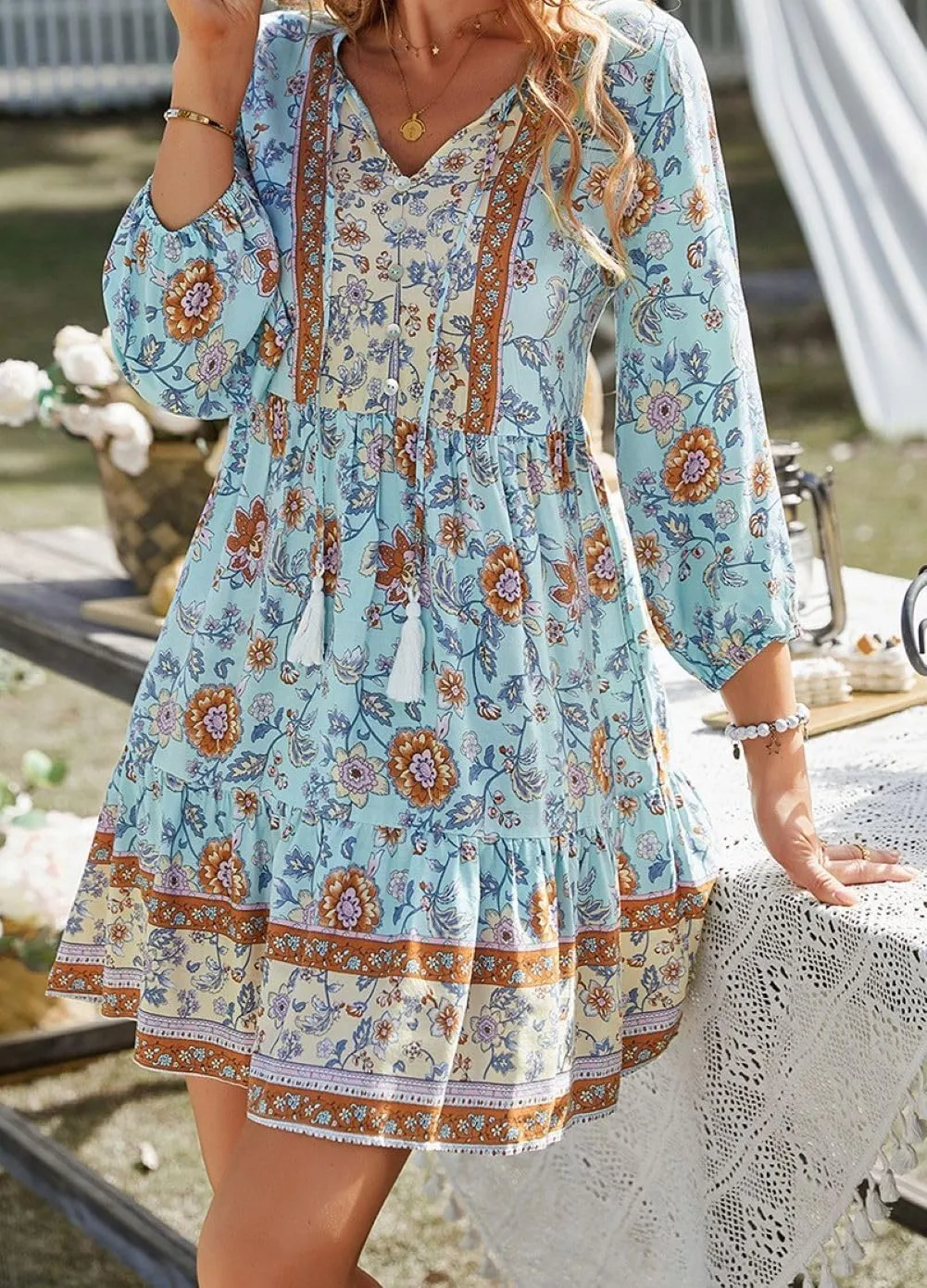 CHARTOU Women Floral Boho Dress 3/4 Balloon Sleeve Ruffle Babydoll Mini Dress