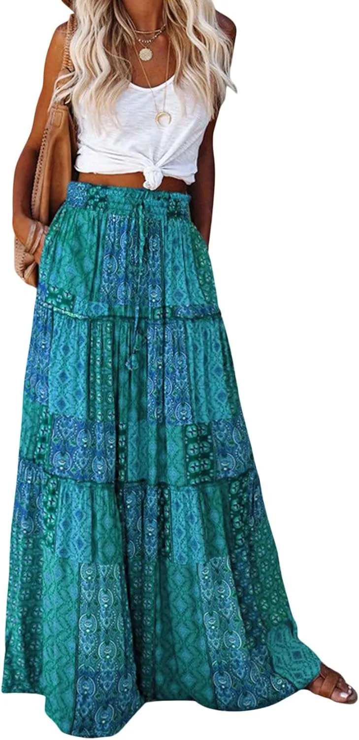 CHARTOU Women Ruffle Boho Maxi Skirt Pleated A Line Skirt Bohemian Long Beach Flowy Skirt Hippie Skirt Summer