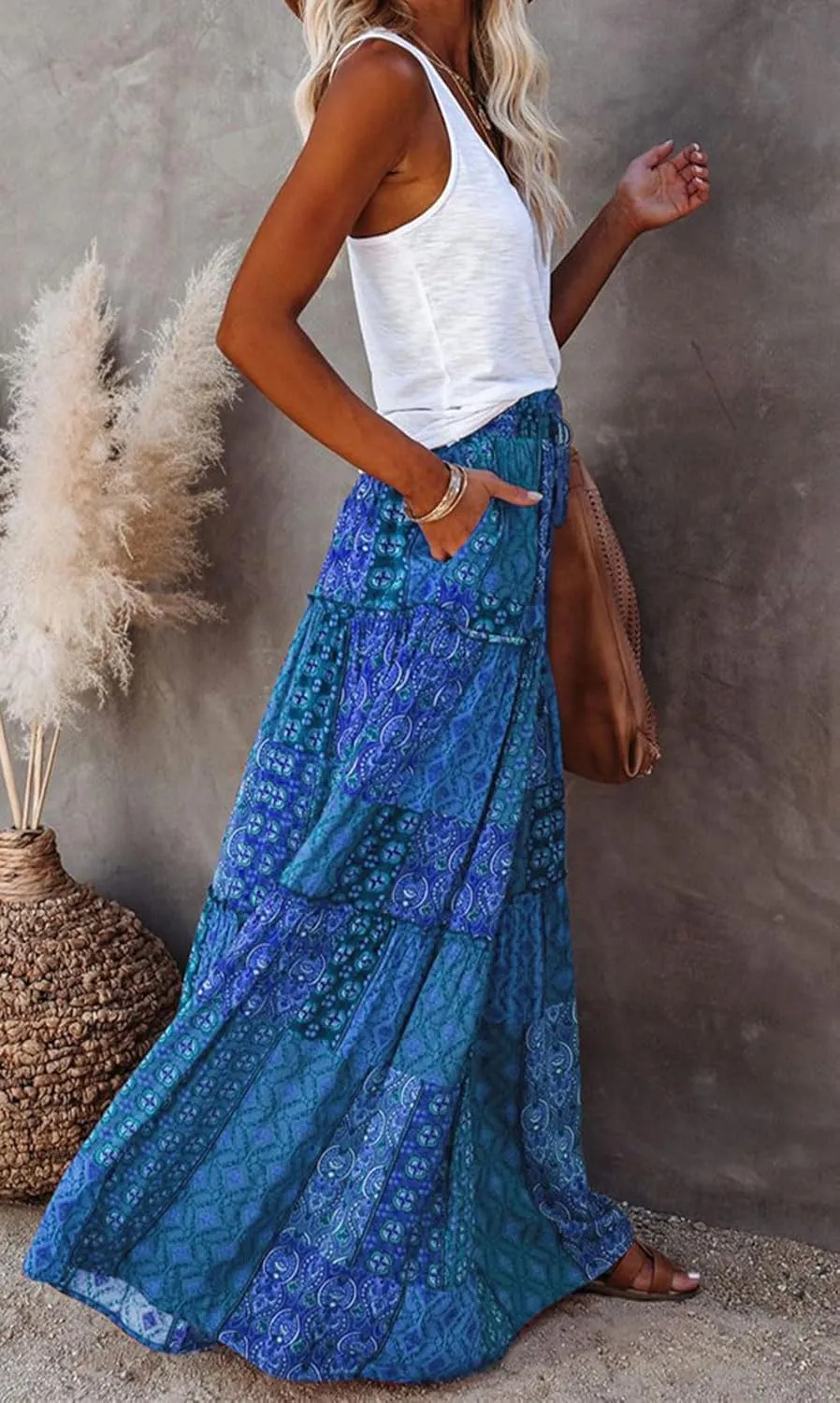 CHARTOU Women Ruffle Boho Maxi Skirt Pleated A Line Skirt Bohemian Long Beach Flowy Skirt Hippie Skirt Summer