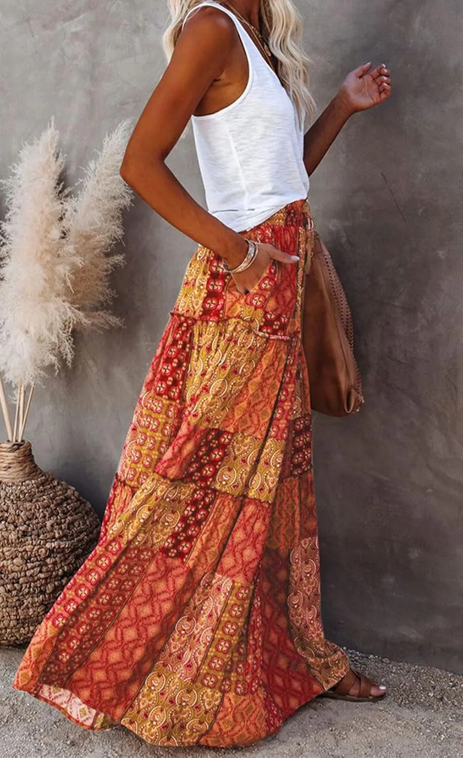 CHARTOU Women Ruffle Boho Maxi Skirt Pleated A Line Skirt Bohemian Long Beach Flowy Skirt Hippie Skirt Summer