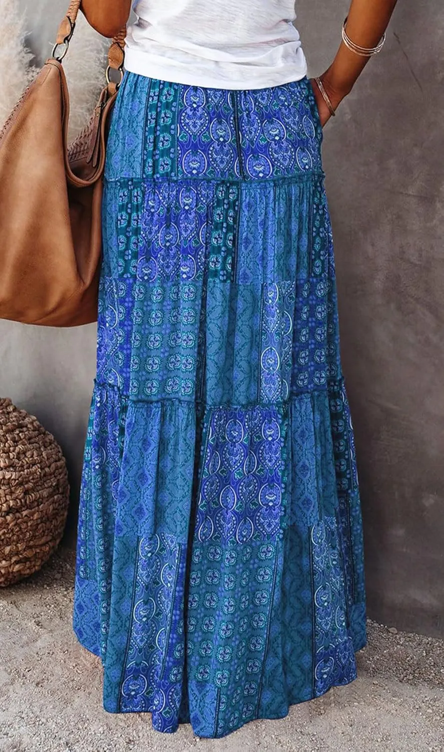 CHARTOU Women Ruffle Boho Maxi Skirt Pleated A Line Skirt Bohemian Long Beach Flowy Skirt Hippie Skirt Summer