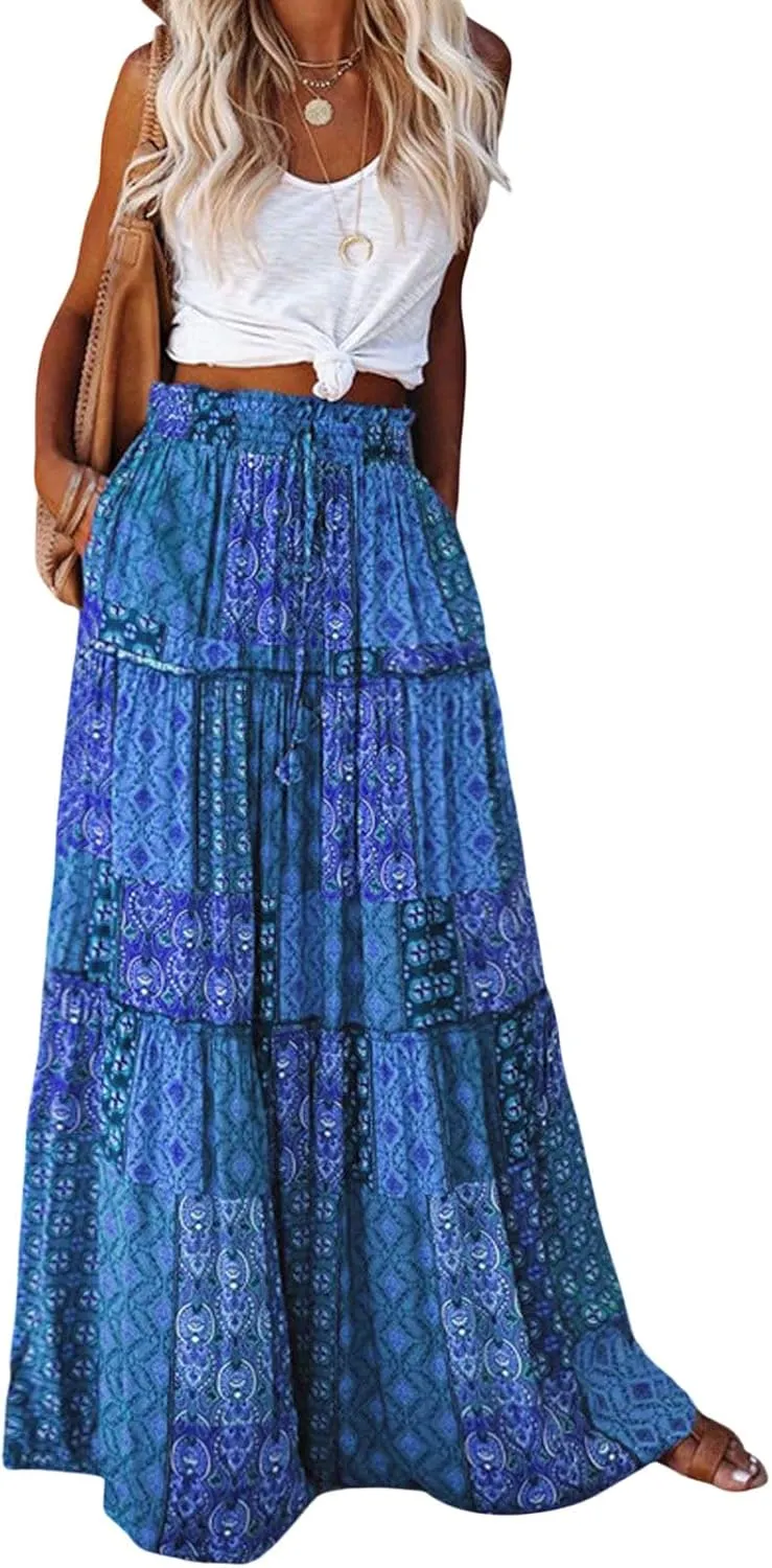 CHARTOU Women Ruffle Boho Maxi Skirt Pleated A Line Skirt Bohemian Long Beach Flowy Skirt Hippie Skirt Summer