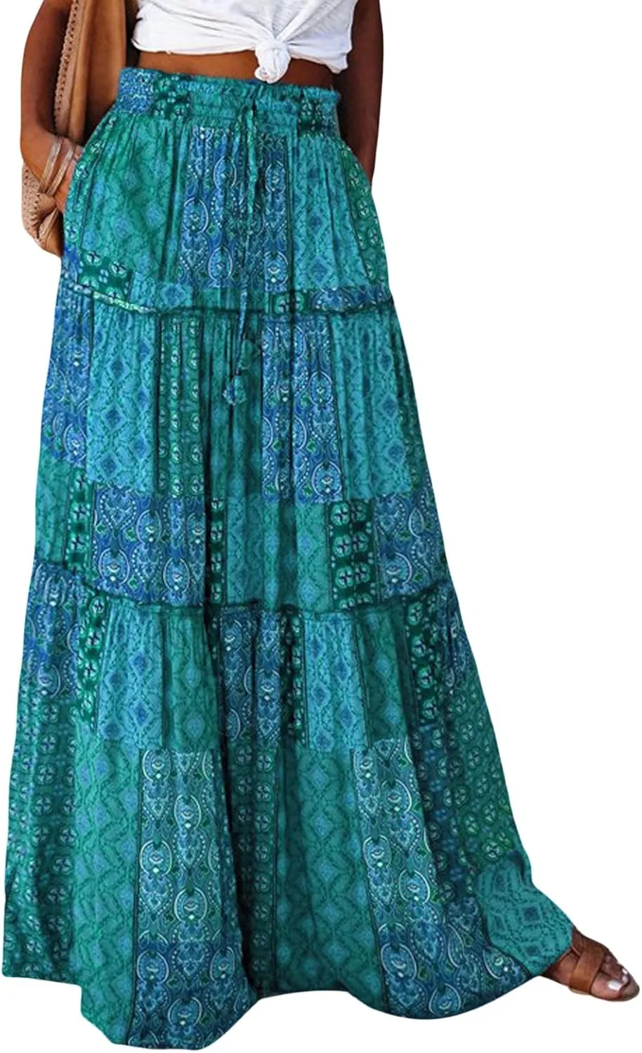 CHARTOU Women Ruffle Boho Maxi Skirt Pleated A Line Skirt Bohemian Long Beach Flowy Skirt Hippie Skirt Summer