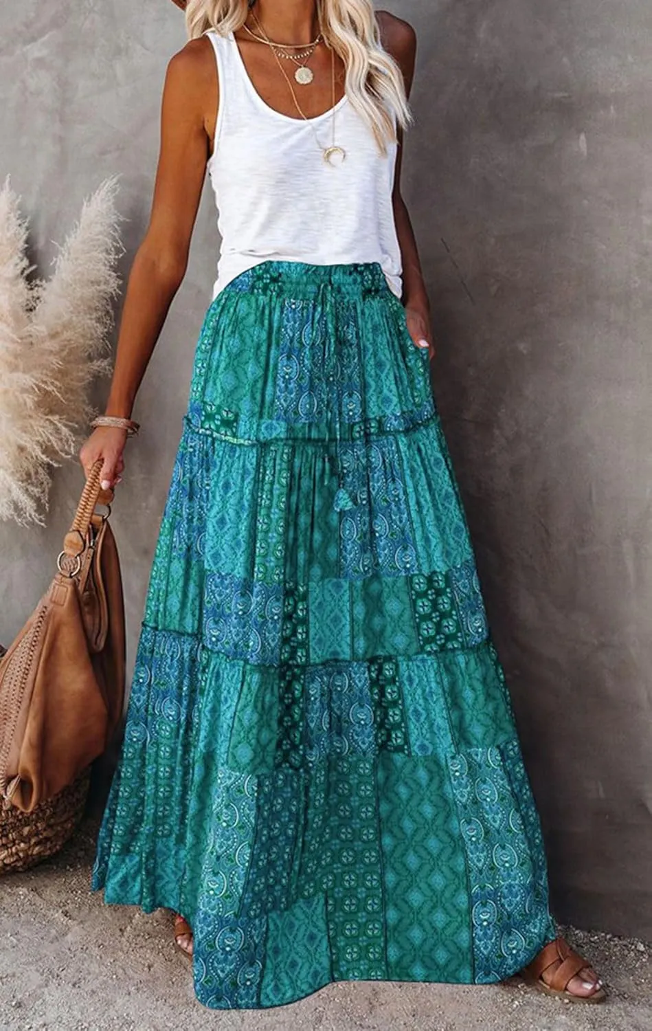CHARTOU Women Ruffle Boho Maxi Skirt Pleated A Line Skirt Bohemian Long Beach Flowy Skirt Hippie Skirt Summer