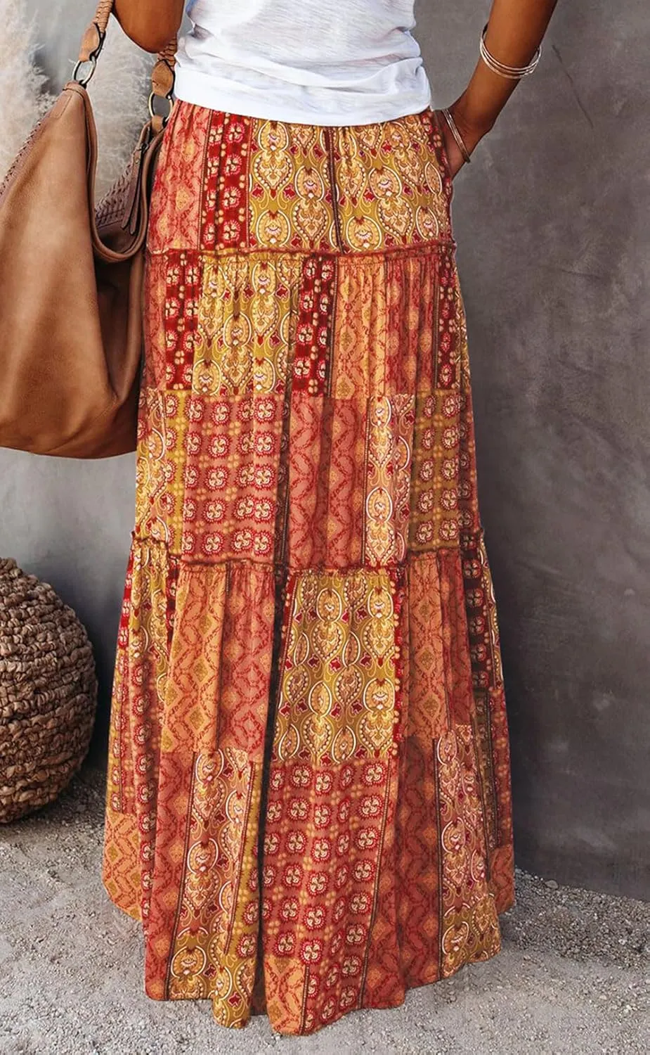 CHARTOU Women Ruffle Boho Maxi Skirt Pleated A Line Skirt Bohemian Long Beach Flowy Skirt Hippie Skirt Summer