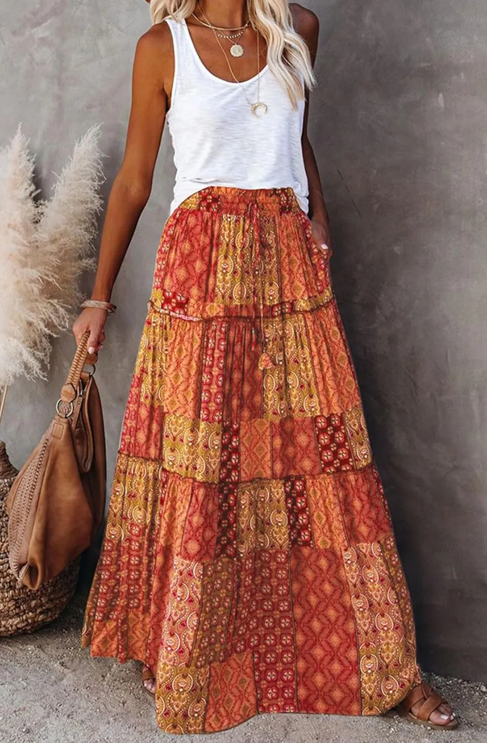 CHARTOU Women Ruffle Boho Maxi Skirt Pleated A Line Skirt Bohemian Long Beach Flowy Skirt Hippie Skirt Summer
