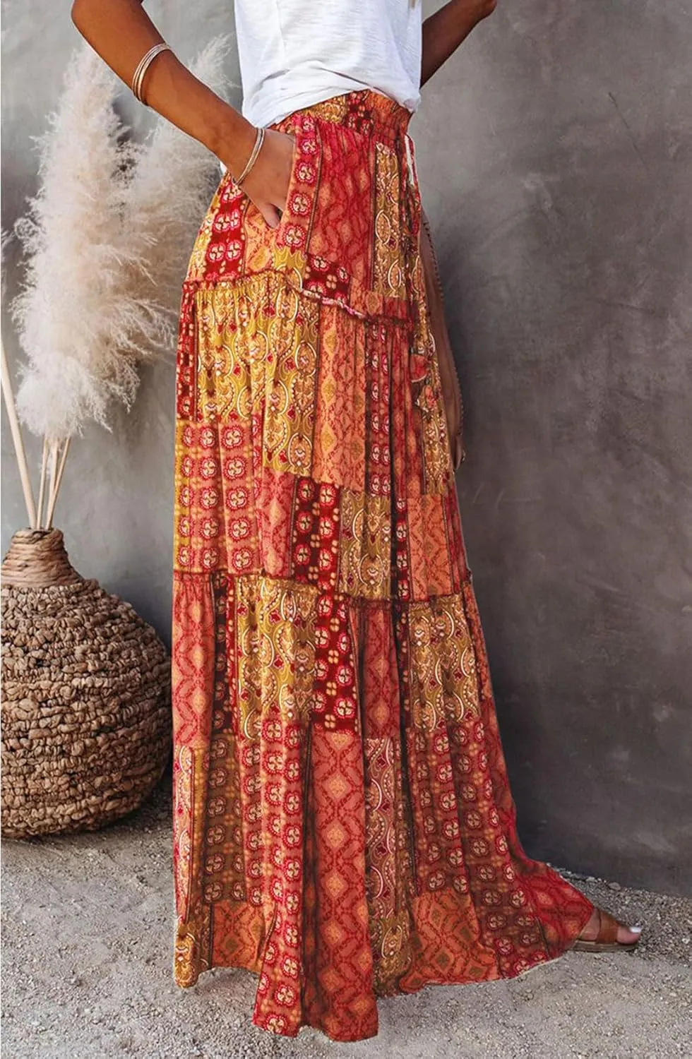 CHARTOU Women Ruffle Boho Maxi Skirt Pleated A Line Skirt Bohemian Long Beach Flowy Skirt Hippie Skirt Summer