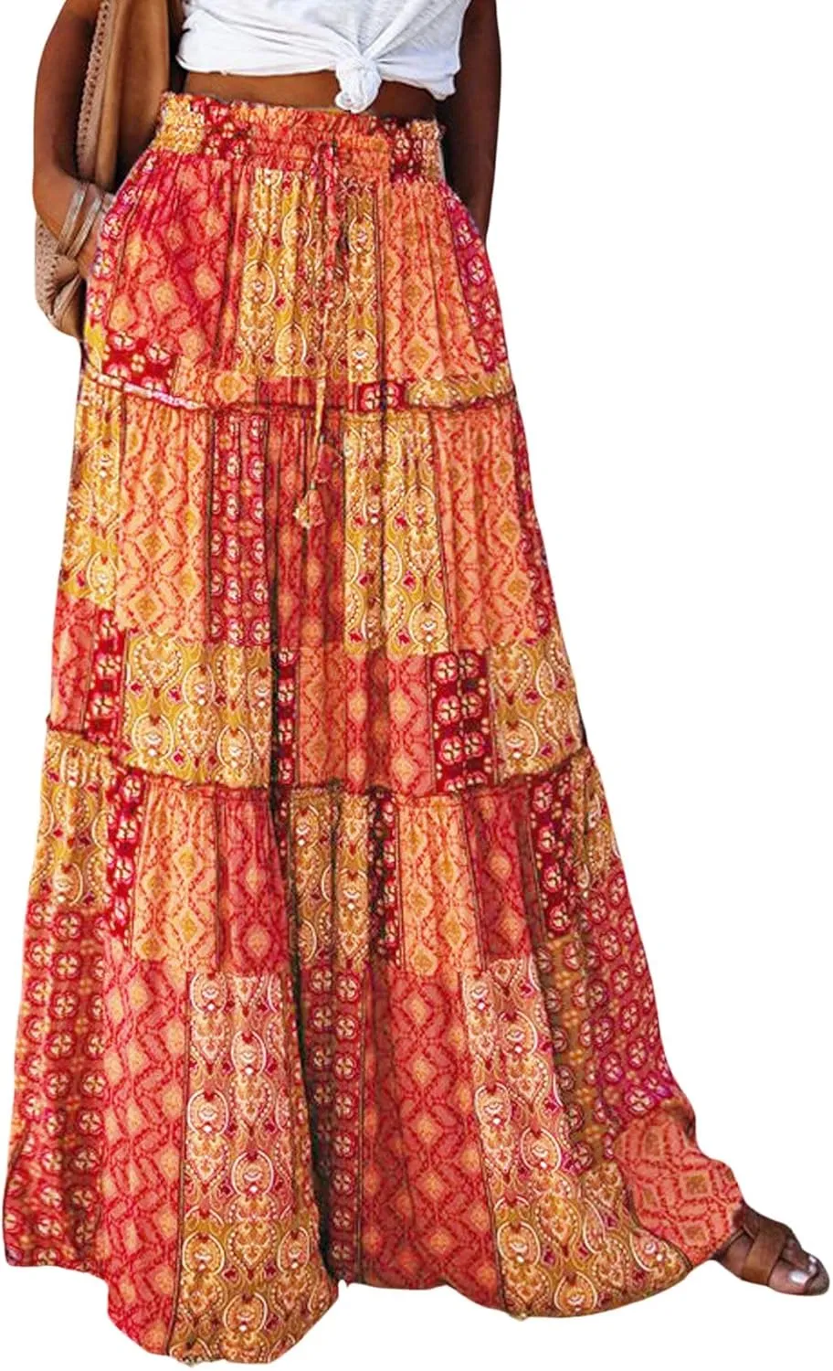 CHARTOU Women Ruffle Boho Maxi Skirt Pleated A Line Skirt Bohemian Long Beach Flowy Skirt Hippie Skirt Summer