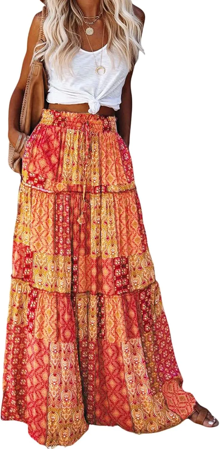 CHARTOU Women Ruffle Boho Maxi Skirt Pleated A Line Skirt Bohemian Long Beach Flowy Skirt Hippie Skirt Summer