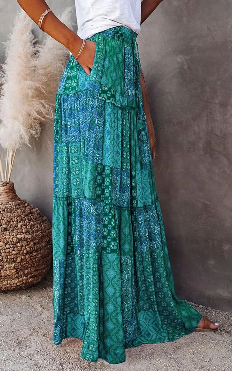CHARTOU Women Ruffle Boho Maxi Skirt Pleated A Line Skirt Bohemian Long Beach Flowy Skirt Hippie Skirt Summer
