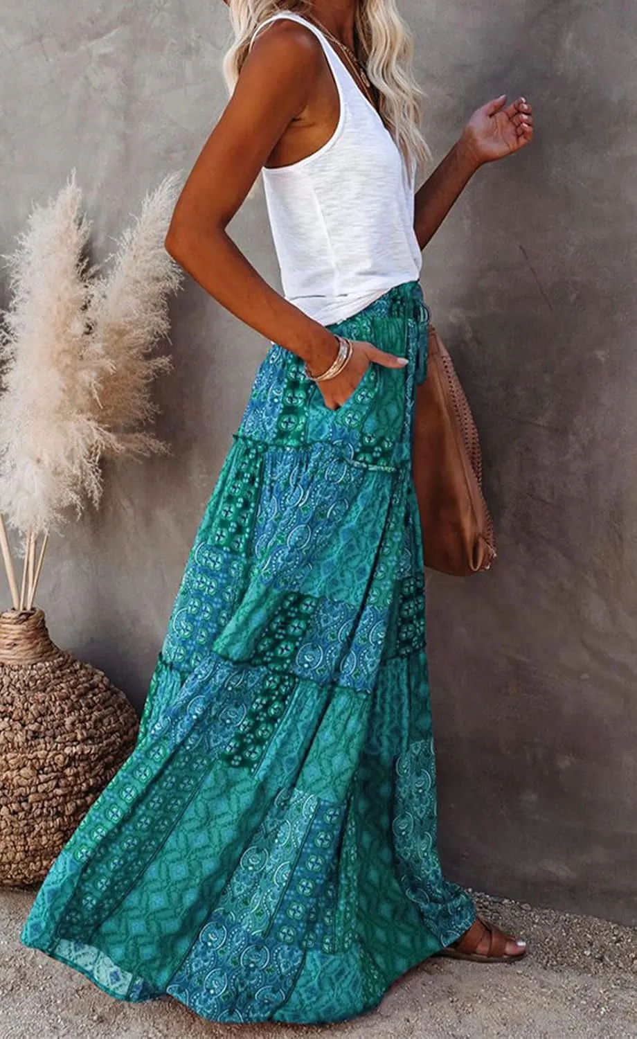 CHARTOU Women Ruffle Boho Maxi Skirt Pleated A Line Skirt Bohemian Long Beach Flowy Skirt Hippie Skirt Summer