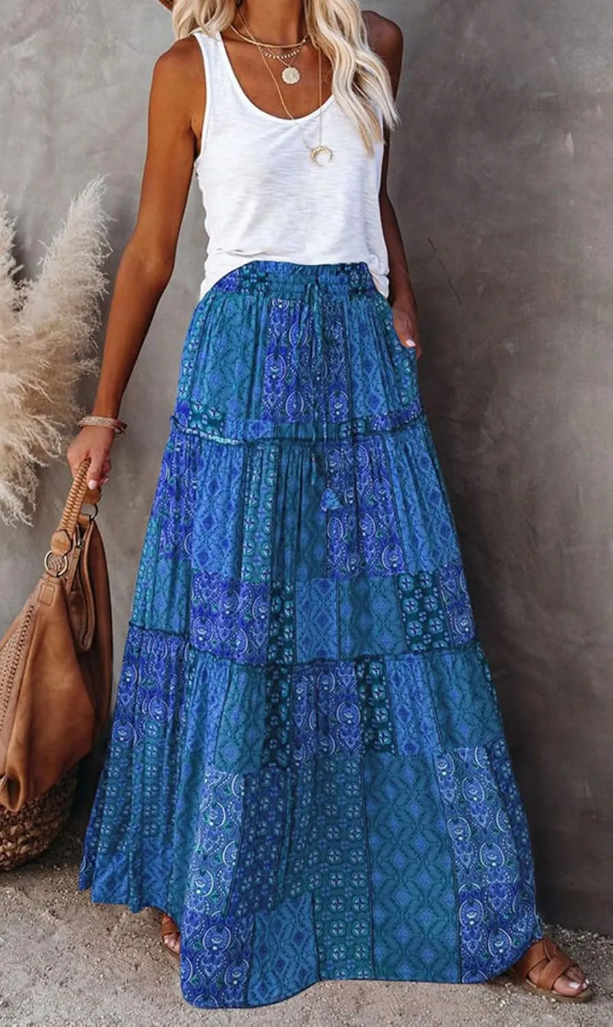 CHARTOU Women Ruffle Boho Maxi Skirt Pleated A Line Skirt Bohemian Long Beach Flowy Skirt Hippie Skirt Summer