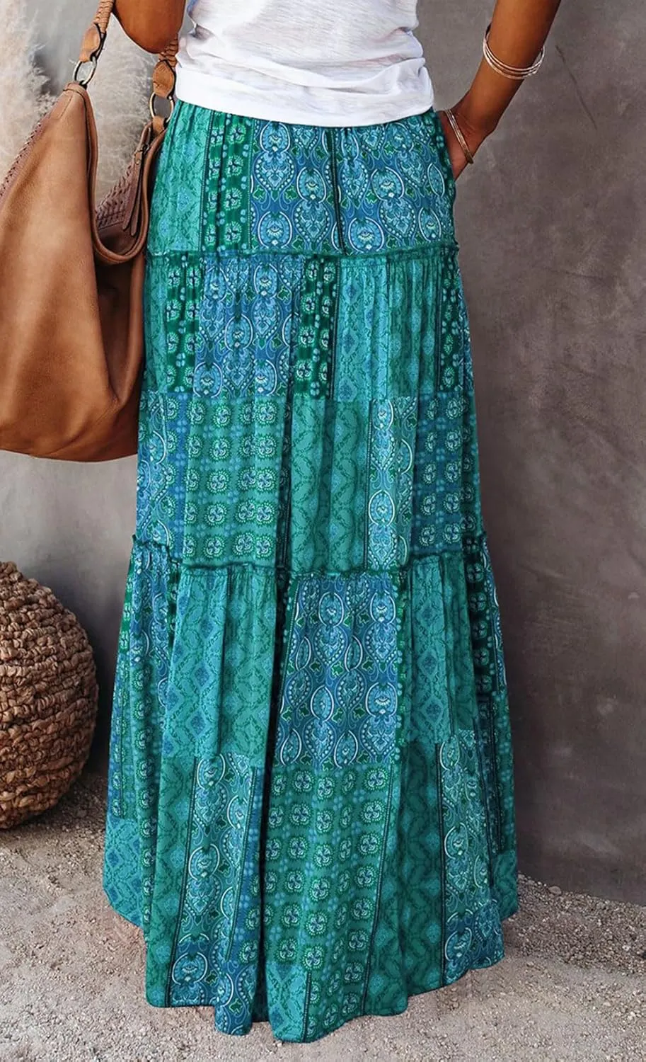 CHARTOU Women Ruffle Boho Maxi Skirt Pleated A Line Skirt Bohemian Long Beach Flowy Skirt Hippie Skirt Summer